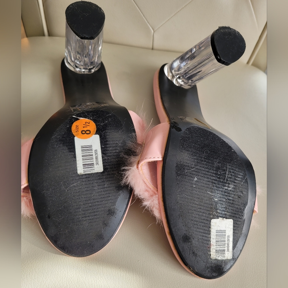 Forever 21 Boudoir/Sexy Barbie Pink Rabbit Fur Clear Heeled Sandals 8.5 - Picture 10 of 16